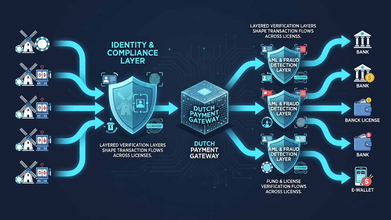 Diagram van transactiestromen met verificatielagen bij Nederlandse casino's