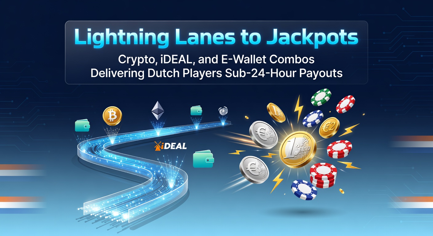 Grafiek met pijlen die crypto, iDEAL en e-wallets verbinden naar een klok die minder dan 24 uur aangeeft, symboliserend snelle casino-uitbetalingen