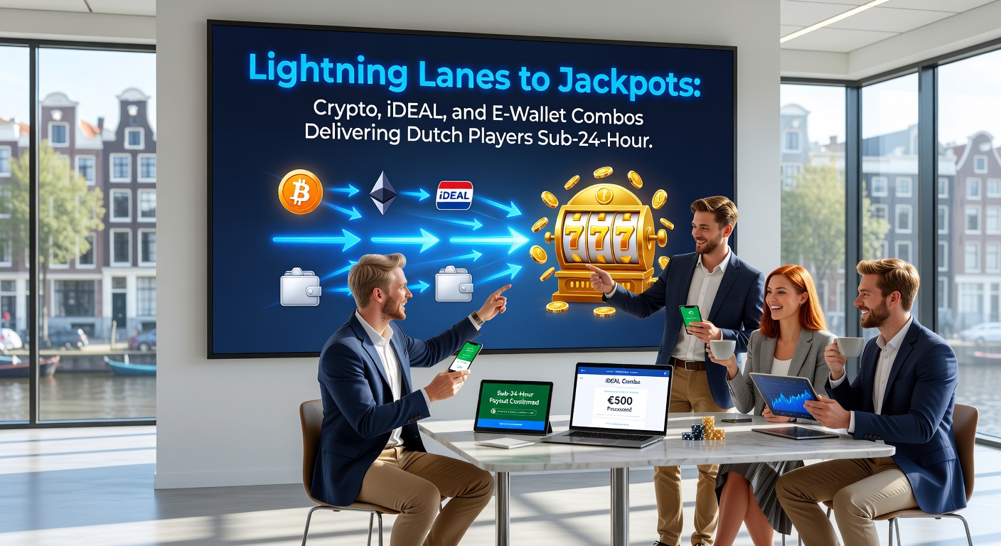 Smartphone-scherm met app die crypto-transactie bevestigt naast iDEAL-logo en e-wallet icoon, met een timer op 23:59 voor sub-24 uur payout