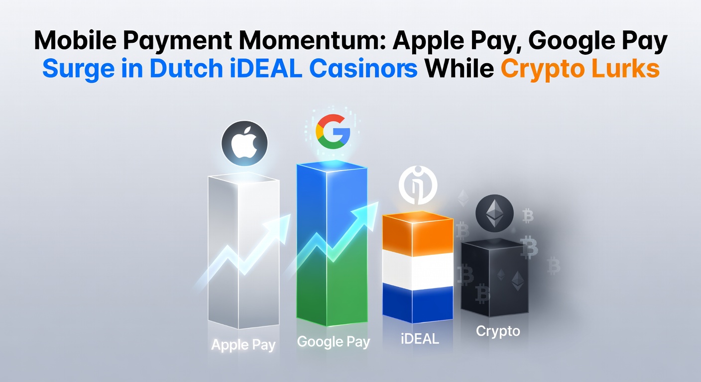 Smartphone met Apple Pay en Google Pay interfaces naast iDEAL-logo in een Nederlands casino-context