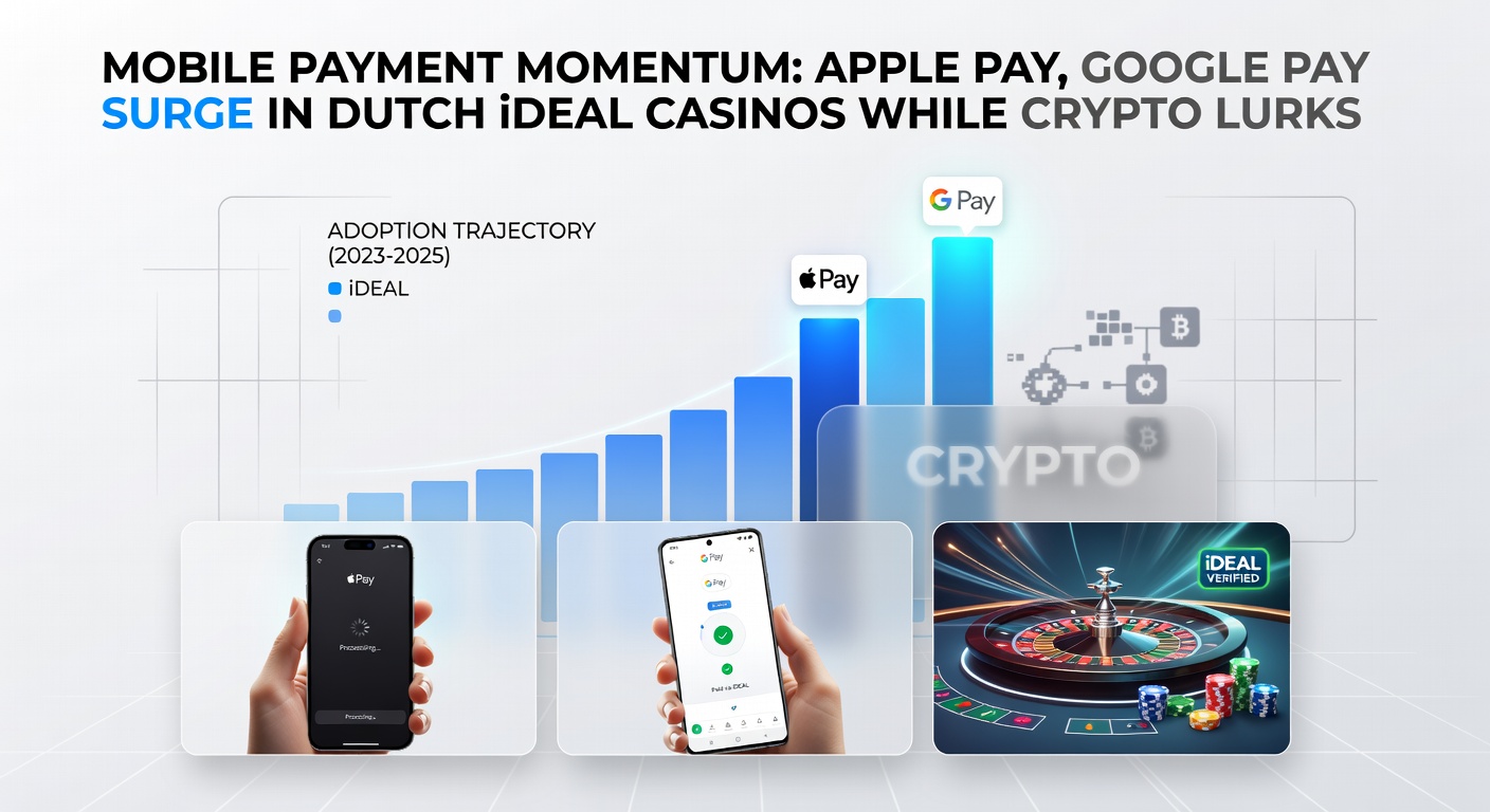 Grafiek met stijgende lijnen van Apple Pay en Google Pay transacties in Nederlandse casinos, met crypto op de achtergrond