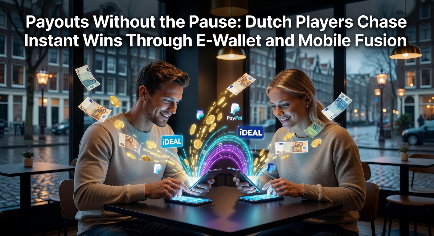 Nederlandse speler checkt mobiele app voor instant uitbetaling via e-wallet, met smartphone en casino-interface op scherm