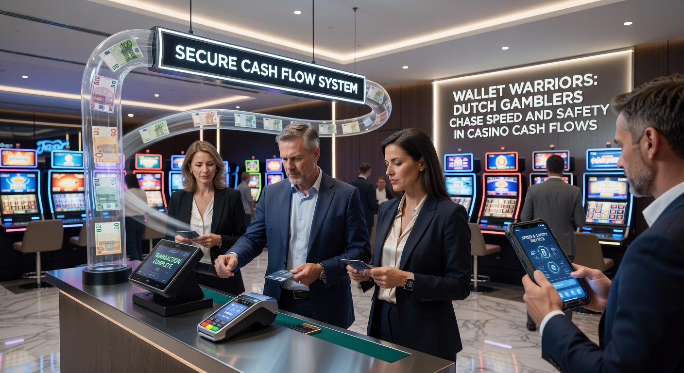 Grafiek met pijlen die snelheid en veiligheid balanceren op een casino-betaalscherm, met Nederlandse vlag en wallet-iconen